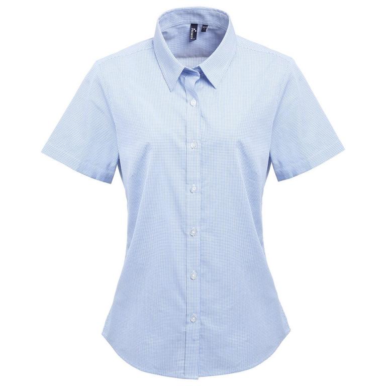 Women's Microcheck (Gingham) short sleeve cotton shirt Light Blue/White