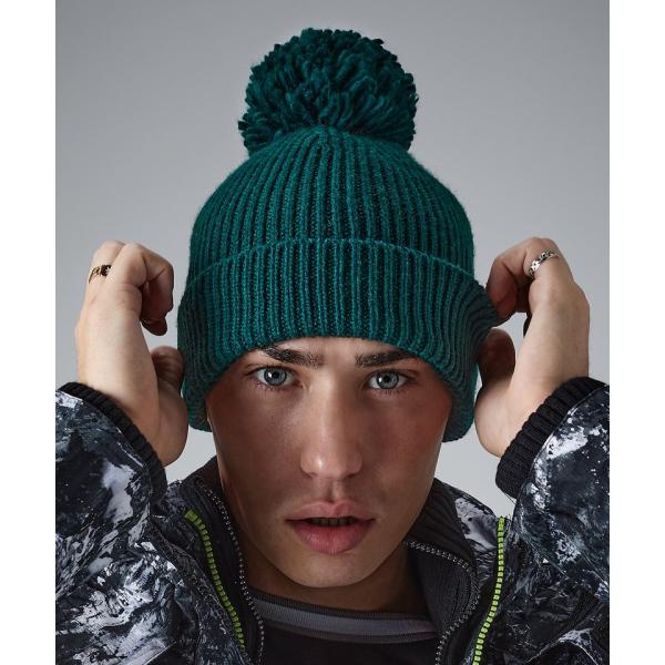 Engineered knit ribbed pom pom beanie