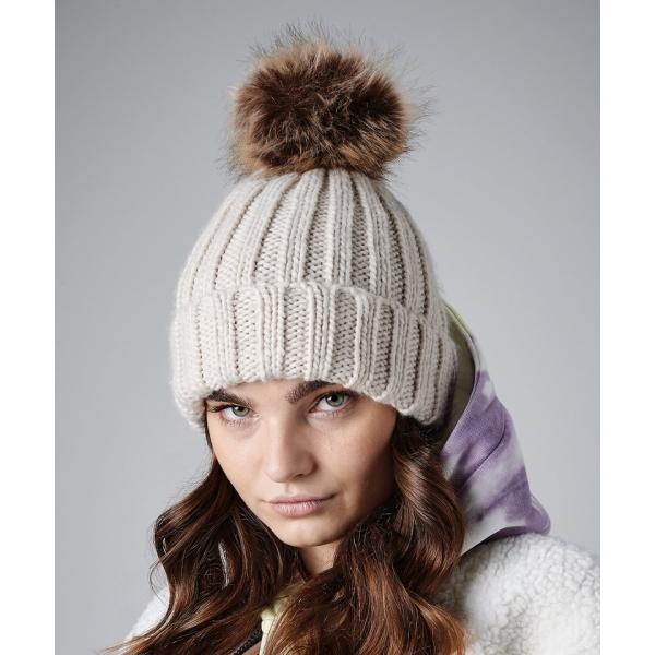 Fur pop pom chunky beanie