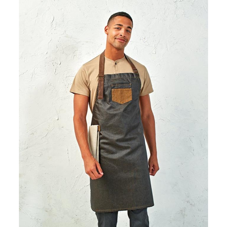 Division waxed-look denim bib apron with faux leather