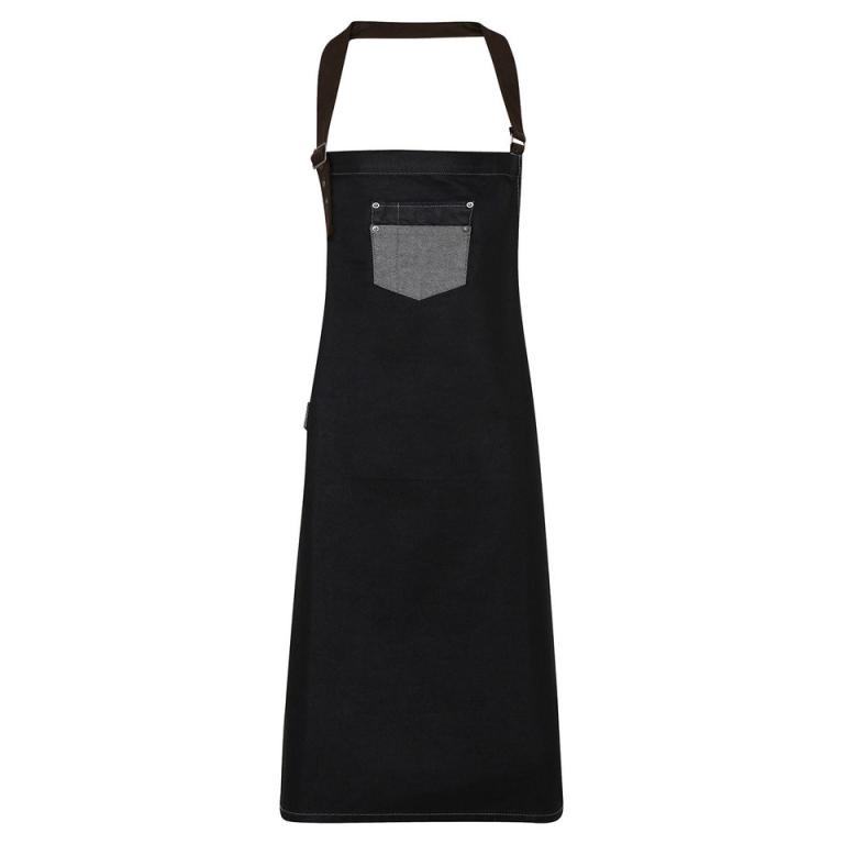 Division waxed-look denim bib apron with faux leather Black Denim