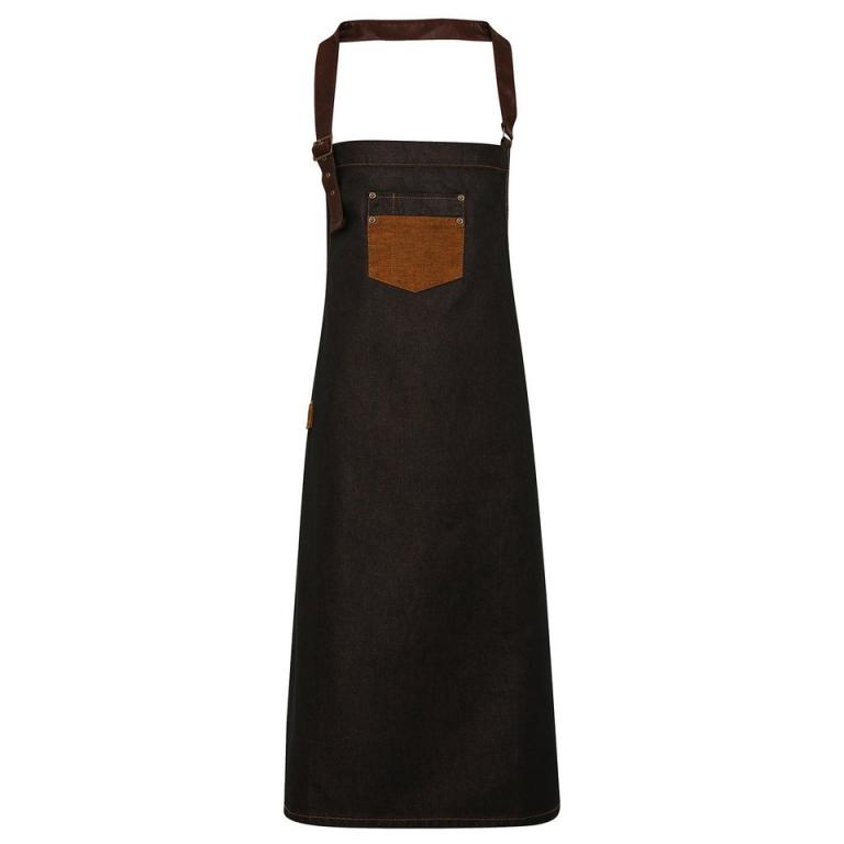 Division waxed-look denim bib apron with faux leather Black/Tan Denim