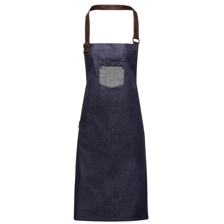 Division waxed-look denim bib apron with faux leather Indigo Denim